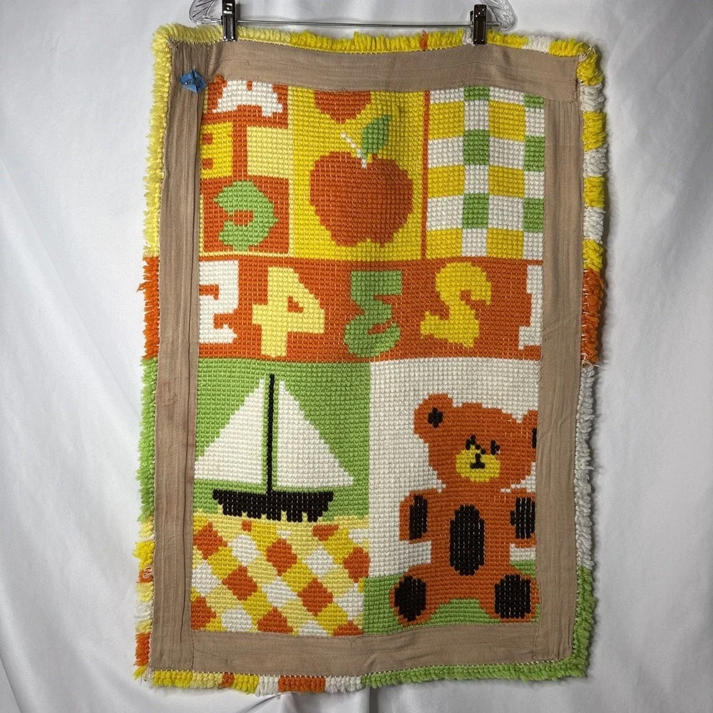 Vtg Latch Hook Rug Baby‎ Nursery Wall Hanging Yarn Art Orange Yellow Bear